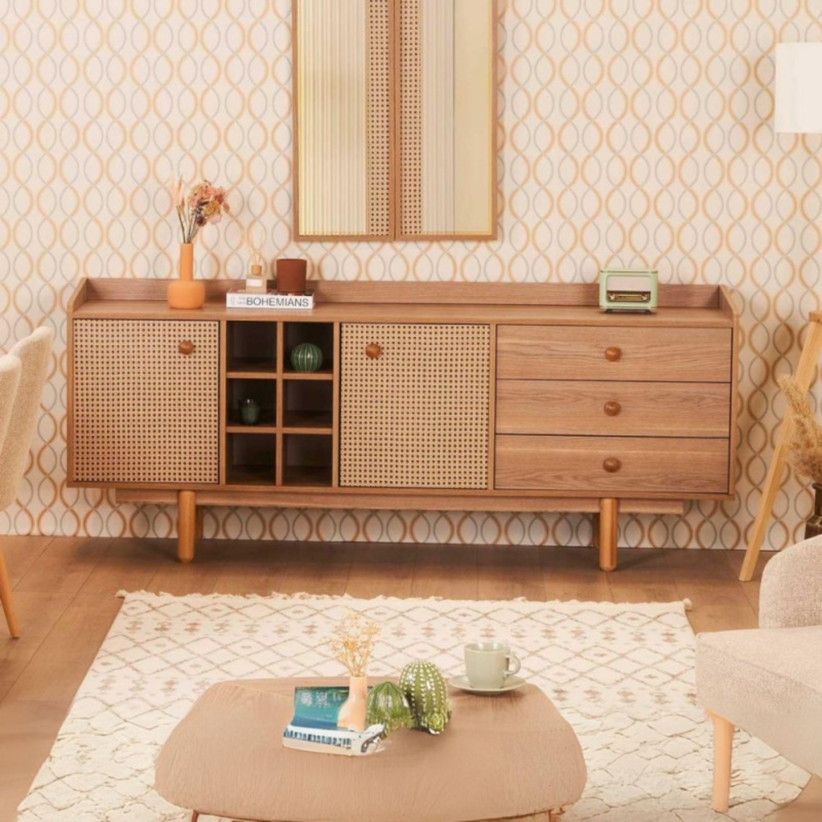 Madia da soggiorno 206x86H 2 ante 3 cassetti e vani a giorno color rovere miele effetto vimini - Naura