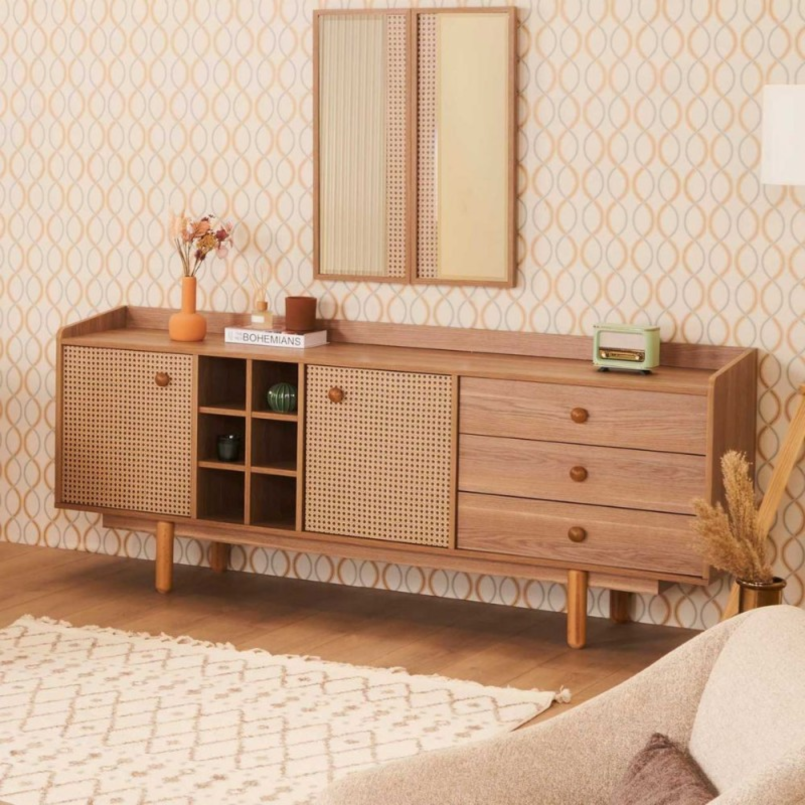 Madia da soggiorno 206x86H 2 ante 3 cassetti e vani a giorno color rovere miele effetto vimini - Naura