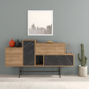 Madia 160 cm da soggiorno design moderno 2 ante 2 cassetti e vani a giorno noce e antracite effetto marmo - Herm