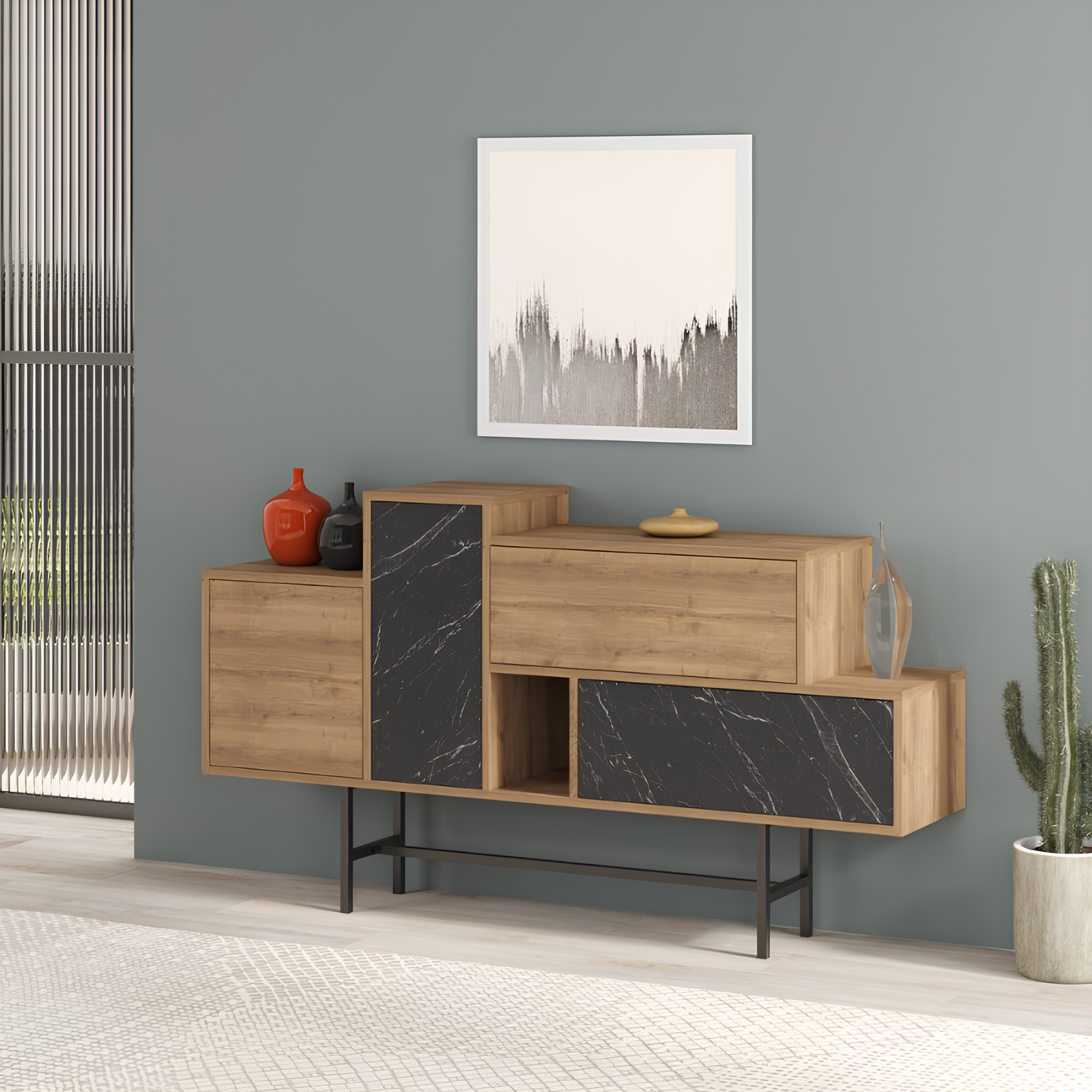 Madia 160 cm da soggiorno design moderno 2 ante 2 cassetti e vani a giorno noce e antracite effetto marmo - Herm