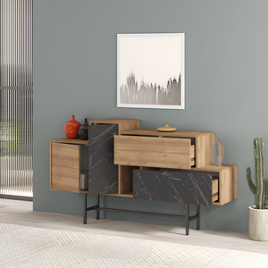 Madia 160 cm da soggiorno design moderno 2 ante 2 cassetti e vani a giorno noce e antracite effetto marmo - Herm