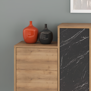 Madia 160 cm da soggiorno design moderno 2 ante 2 cassetti e vani a giorno noce e antracite effetto marmo - Herm