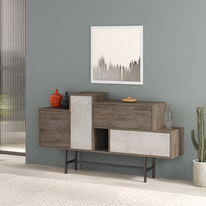 Madia 160 cm da soggiorno design moderno 2 ante 2 cassetti e vani a giorno dark coffe e bianco effetto marmo - Herm