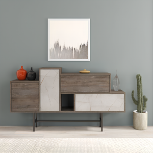 Madia 160 cm da soggiorno design moderno 2 ante 2 cassetti e vani a giorno dark coffe e bianco effetto marmo - Herm