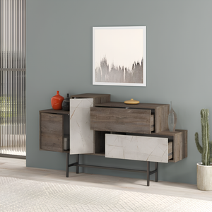 Madia 160 cm da soggiorno design moderno 2 ante 2 cassetti e vani a giorno dark coffe e bianco effetto marmo - Herm