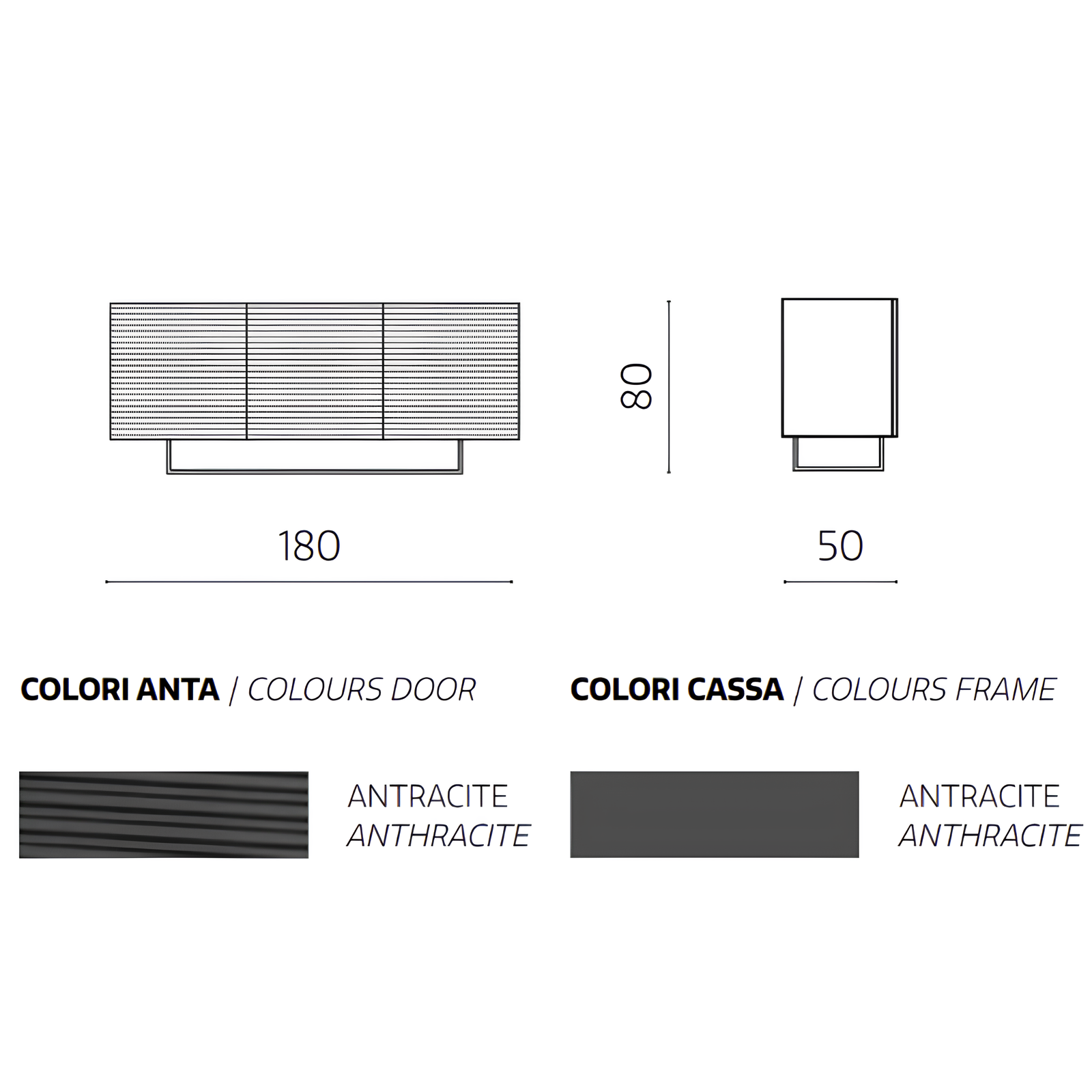 Madia moderna 180x80h in legno antracite 3 ante con base slitta in metallo nero - Orchidea