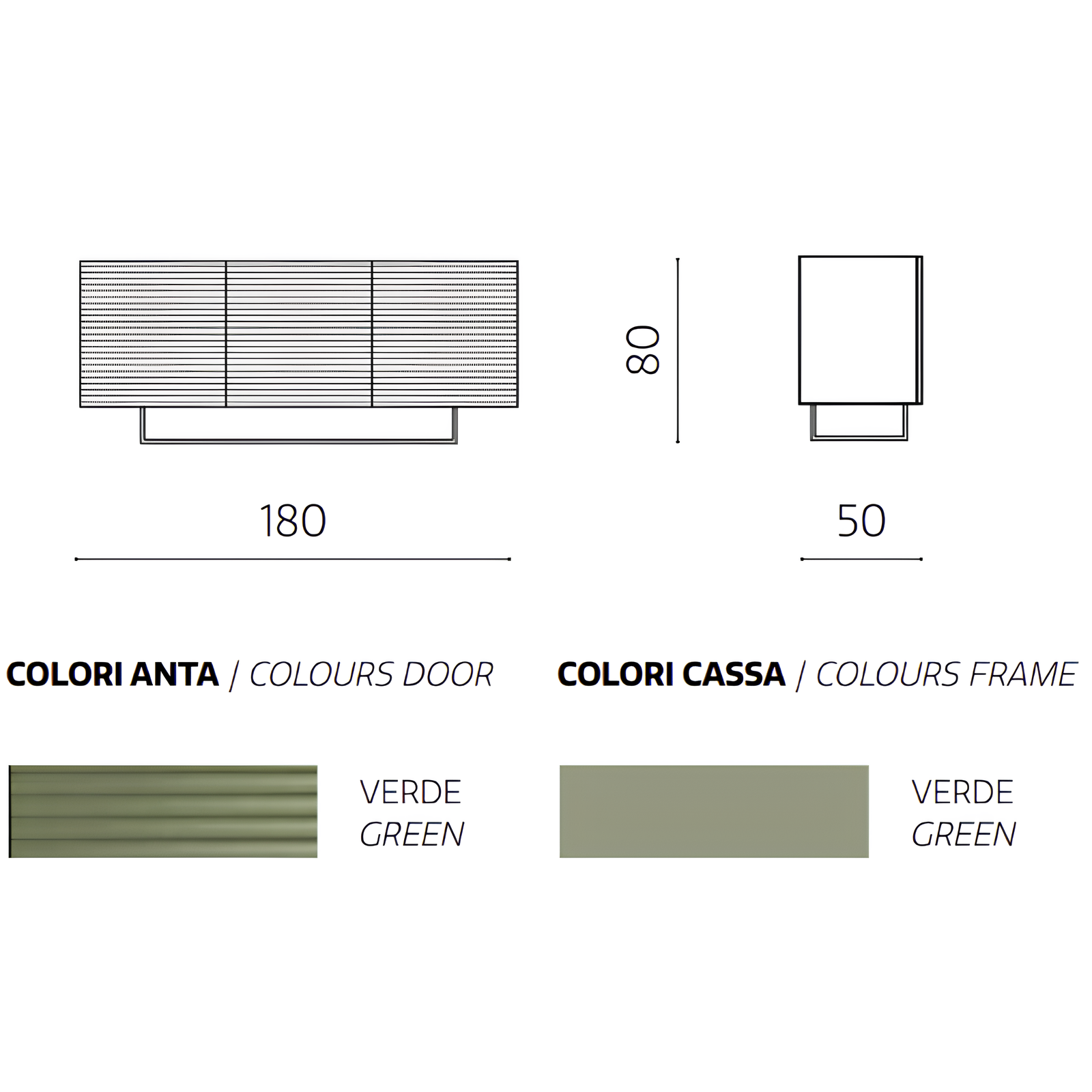 Madia moderna 180x80h in legno verde 3 ante con base slitta in metallo nero - Orchidea