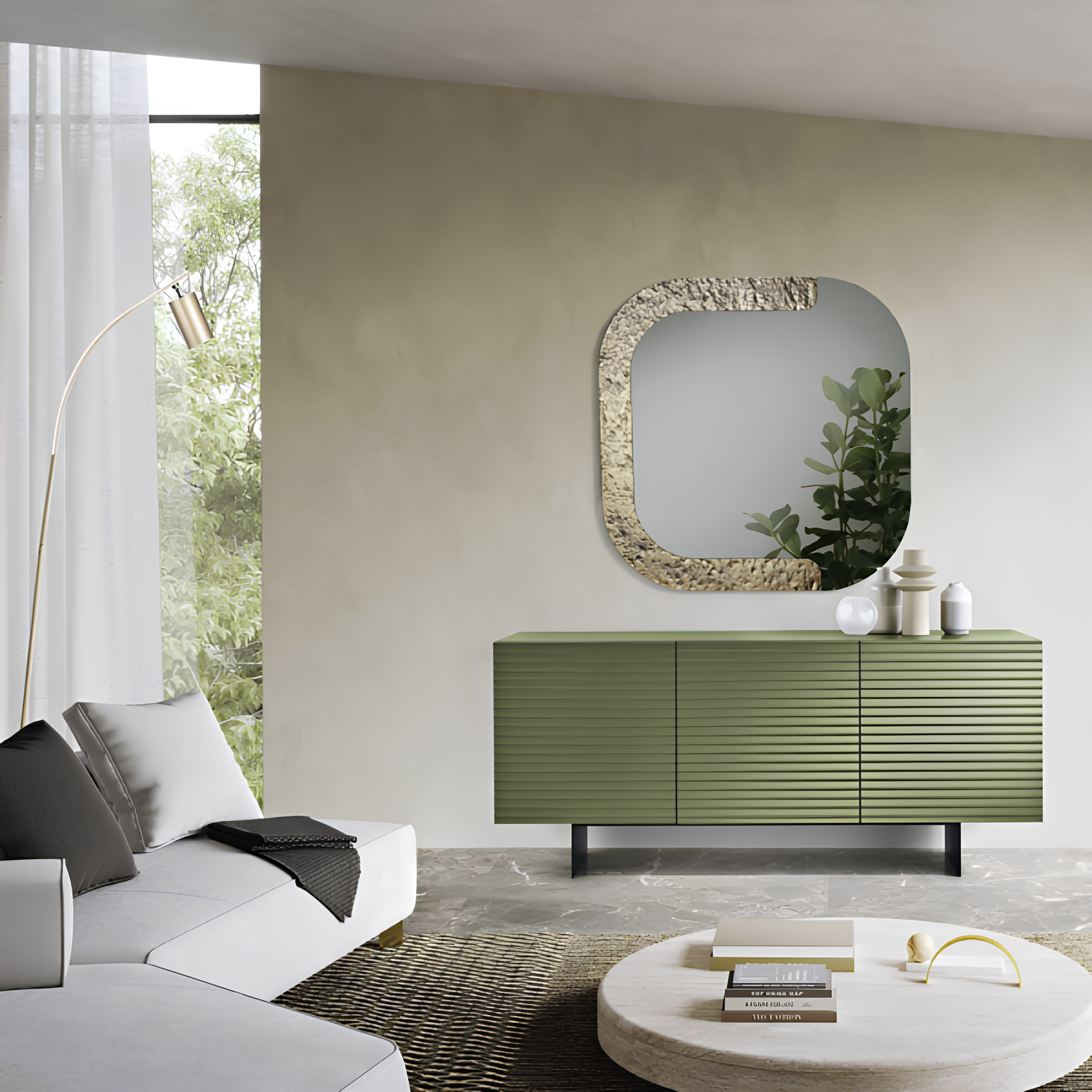 Madia moderna 180x80h in legno verde 3 ante con base traverso in metallo nero - Orchidea