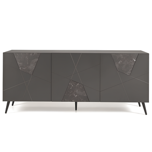 Madia 180x80h moderna in legno antracite 3 ante con inserti in vetro effetto marmo 5 gambe in metallo nero - Grazia