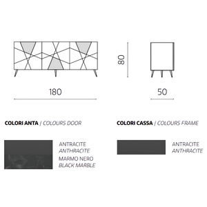 Madia 180x80h moderna in legno antracite 3 ante con inserti in vetro effetto marmo 5 gambe in metallo nero - Grazia