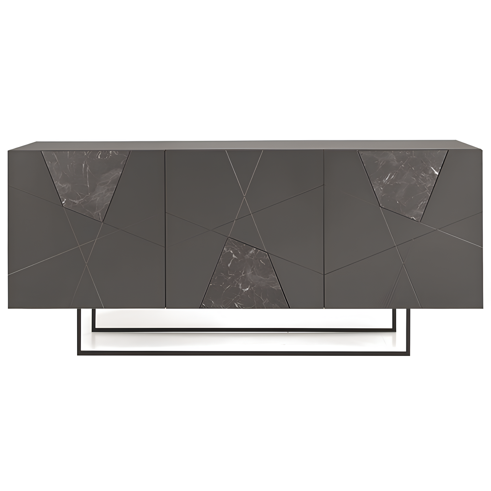 Madia 180x80h moderna in legno antracite 3 ante con inserti in vetro effetto marmo con base slitta in metallo nero - Grazia