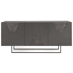 Madia 180x80h moderna in legno antracite 3 ante con inserti in vetro effetto marmo con base slitta in metallo nero - Grazia