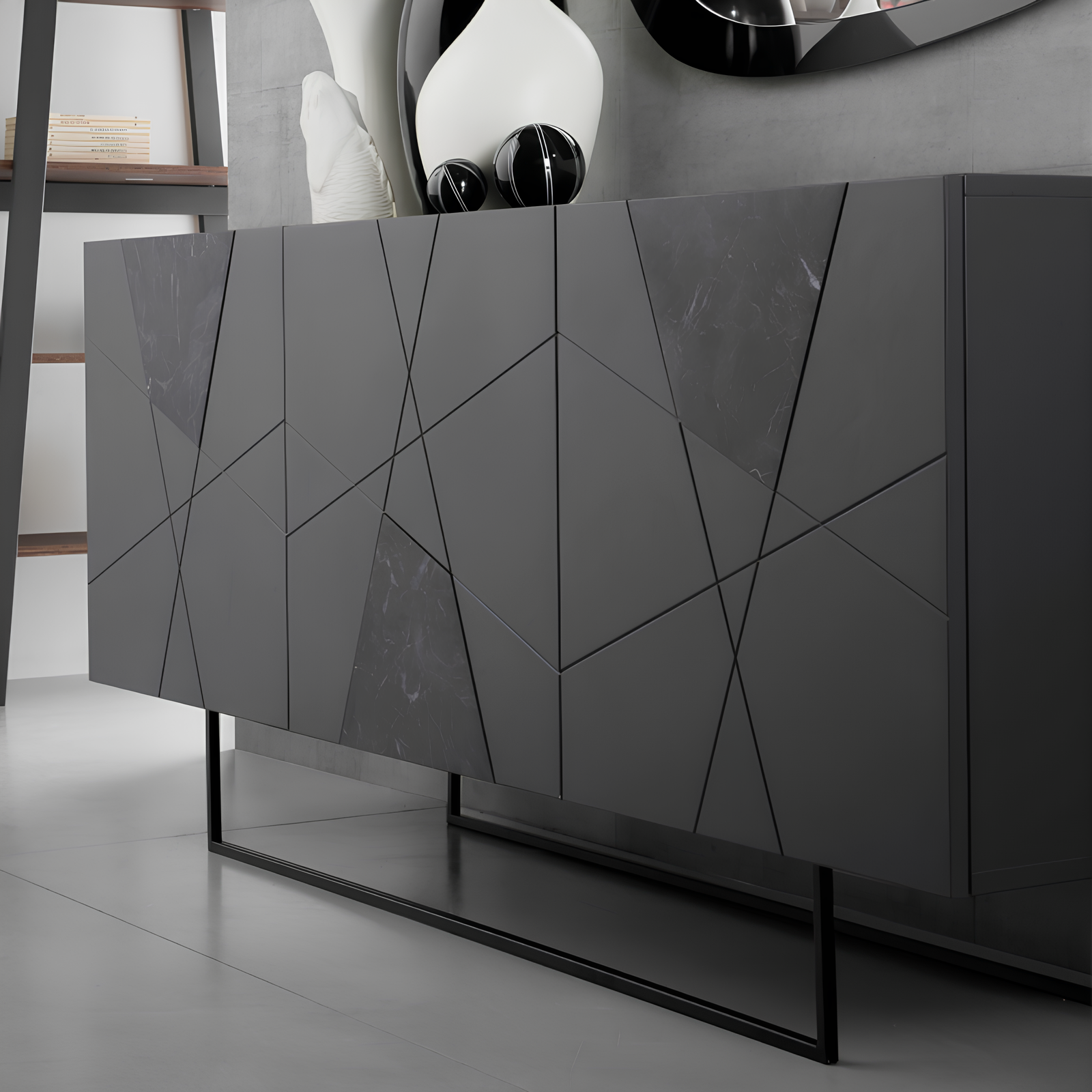 Madia 180x80h moderna in legno antracite 3 ante con inserti in vetro effetto marmo con base slitta in metallo nero - Grazia