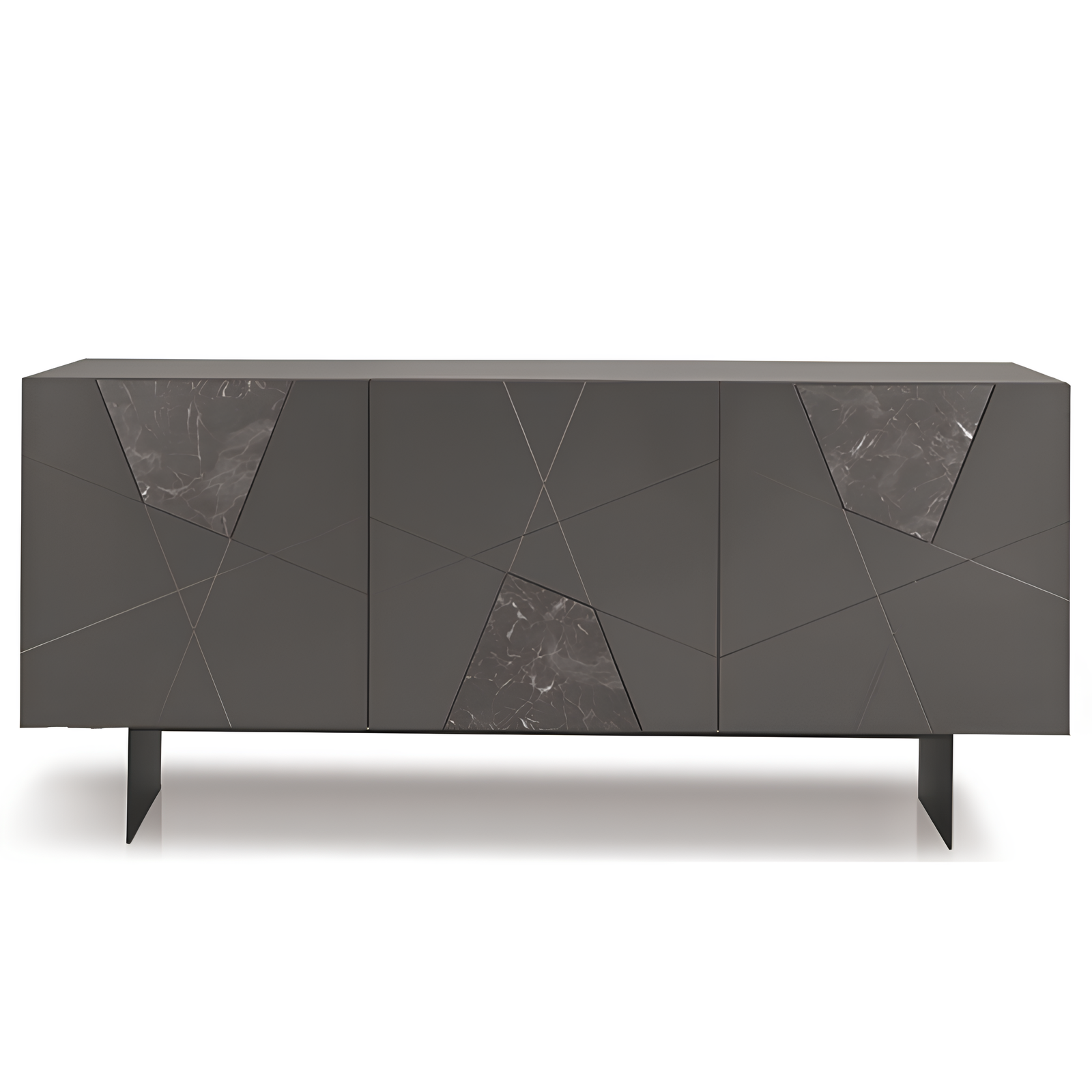 Madia 180x80h moderna in legno antracite 3 ante con inserti in vetro effetto marmo con base traverso in metallo nero - Grazia