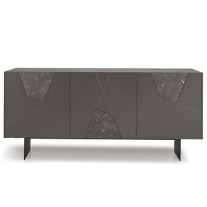 Madia 180x80h moderna in legno antracite 3 ante con inserti in vetro effetto marmo con base traverso in metallo nero - Grazia