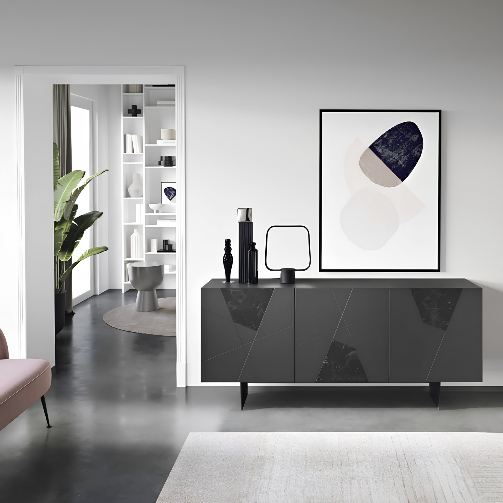 Madia 180x80h moderna in legno antracite 3 ante con inserti in vetro effetto marmo con base traverso in metallo nero - Grazia