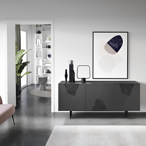 Madia 180x80h moderna in legno antracite 3 ante con inserti in vetro effetto marmo con base traverso in metallo nero - Grazia