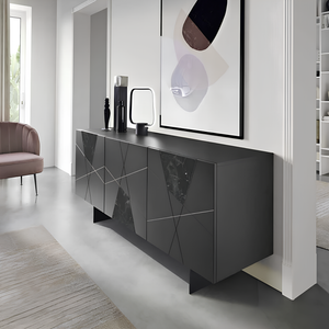 Madia 180x80h moderna in legno antracite 3 ante con inserti in vetro effetto marmo con base traverso in metallo nero - Grazia