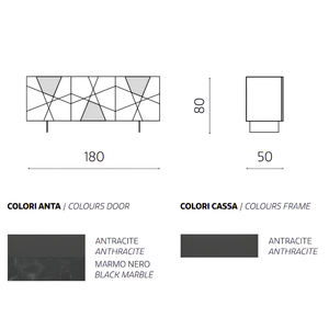Madia 180x80h moderna in legno antracite 3 ante con inserti in vetro effetto marmo con base traverso in metallo nero - Grazia