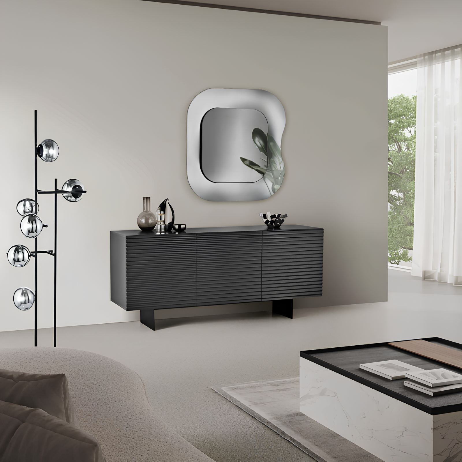 Madia moderna 180x80h in legno antracite 3 ante con base traverso in metallo nero - Orchidea