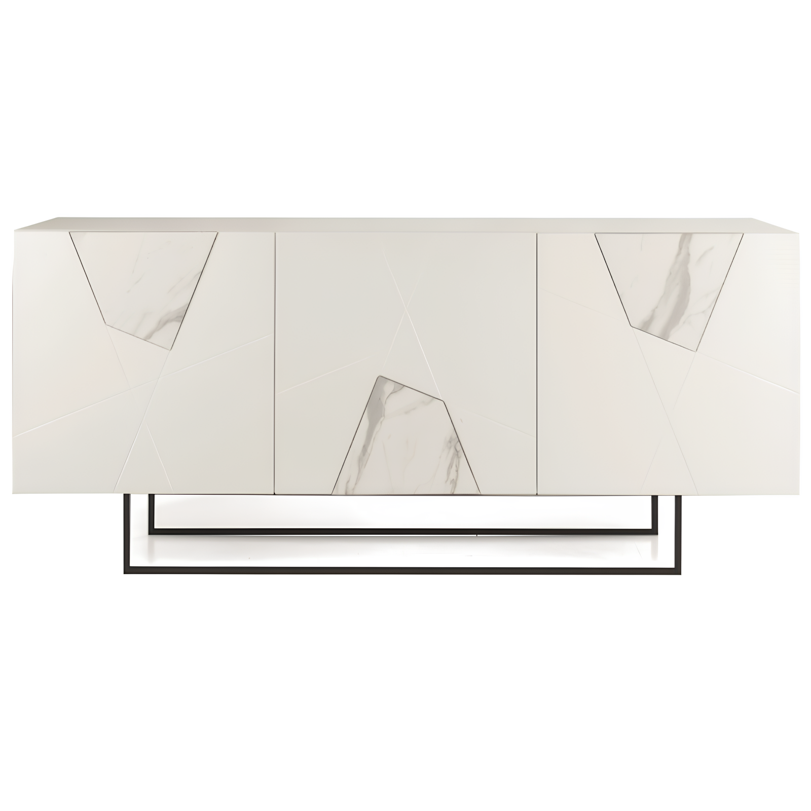 Madia 180x80h moderna in legno bianco 3 ante con inserti in vetro effetto marmo con base slitta in metallo nero - Grazia