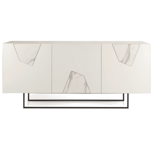 Madia 180x80h moderna in legno bianco 3 ante con inserti in vetro effetto marmo con base slitta in metallo nero - Grazia