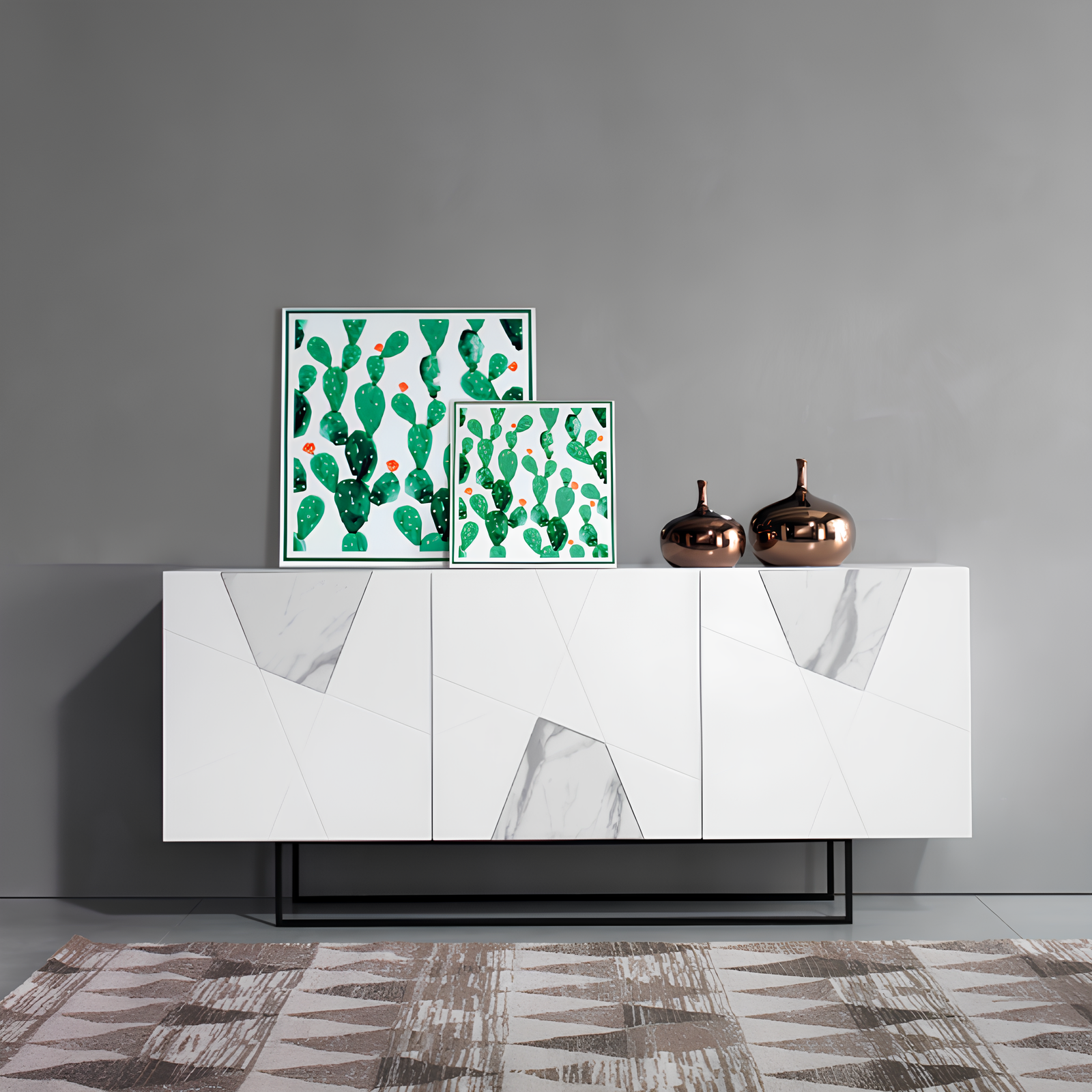 Madia 180x80h moderna in legno bianco 3 ante con inserti in vetro effetto marmo con base slitta in metallo nero - Grazia