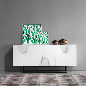 Madia 180x80h moderna in legno bianco 3 ante con inserti in vetro effetto marmo con base slitta in metallo nero - Grazia