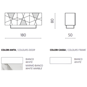 Madia 180x80h moderna in legno bianco 3 ante con inserti in vetro effetto marmo con base slitta in metallo nero - Grazia