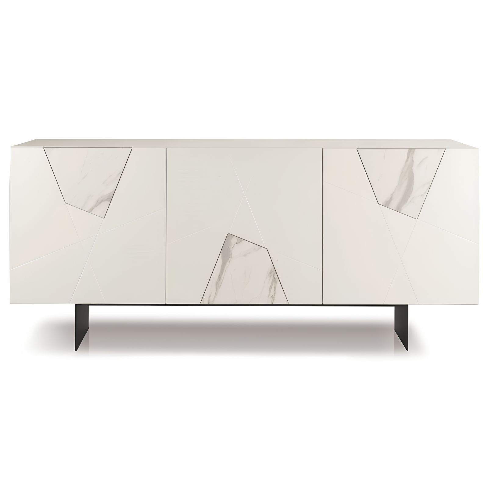 Madia 180x80h moderna in legno bianco 3 ante con inserti in vetro effetto marmo con base traverso in metallo nero - Grazia