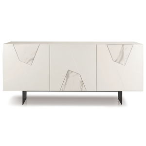 Madia 180x80h moderna in legno bianco 3 ante con inserti in vetro effetto marmo con base traverso in metallo nero - Grazia