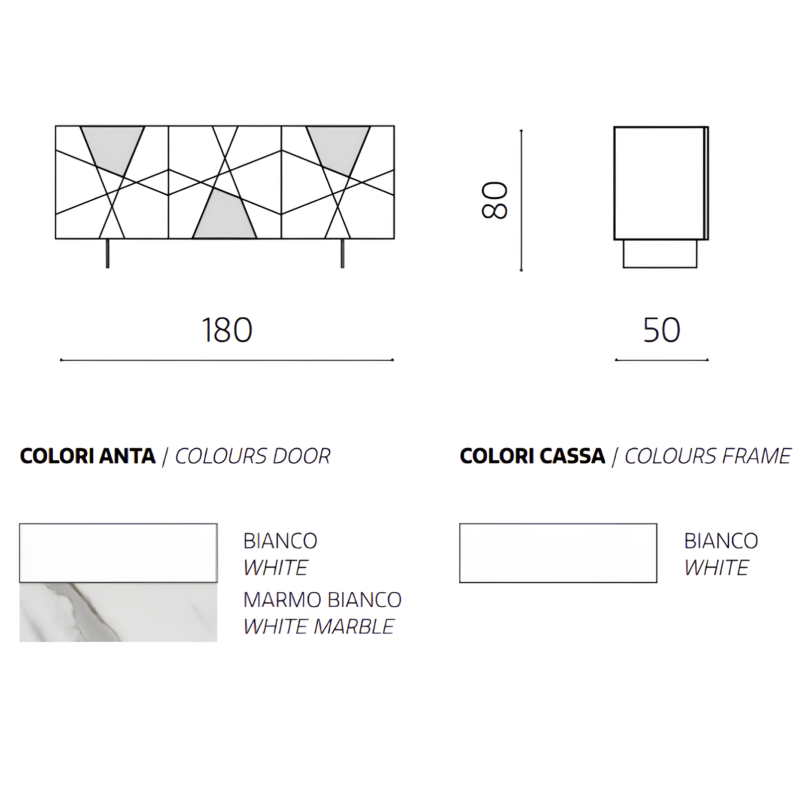 Madia 180x80h moderna in legno bianco 3 ante con inserti in vetro effetto marmo con base traverso in metallo nero - Grazia