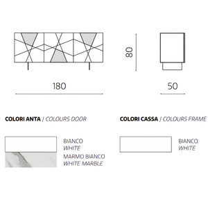 Madia 180x80h moderna in legno bianco 3 ante con inserti in vetro effetto marmo con base traverso in metallo nero - Grazia