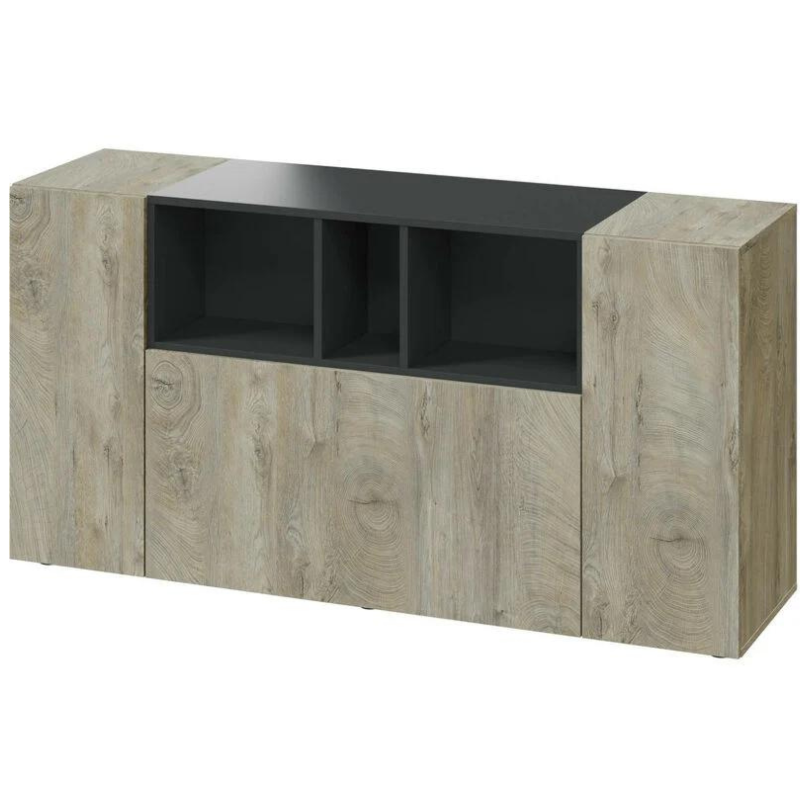 Credenza moderna "Tamiko" con 3 ante in truciolare rivestito color rovere e antracite