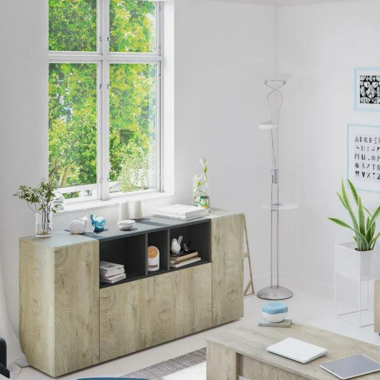 Credenza moderna "Tamiko" con 3 ante in truciolare rivestito color rovere e antracite