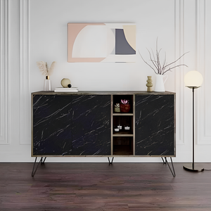 Madia design moderno "Clara" color dark cofee effetto marmo con 3 ante ripiani interni e vano a giorno con piedi in metallo