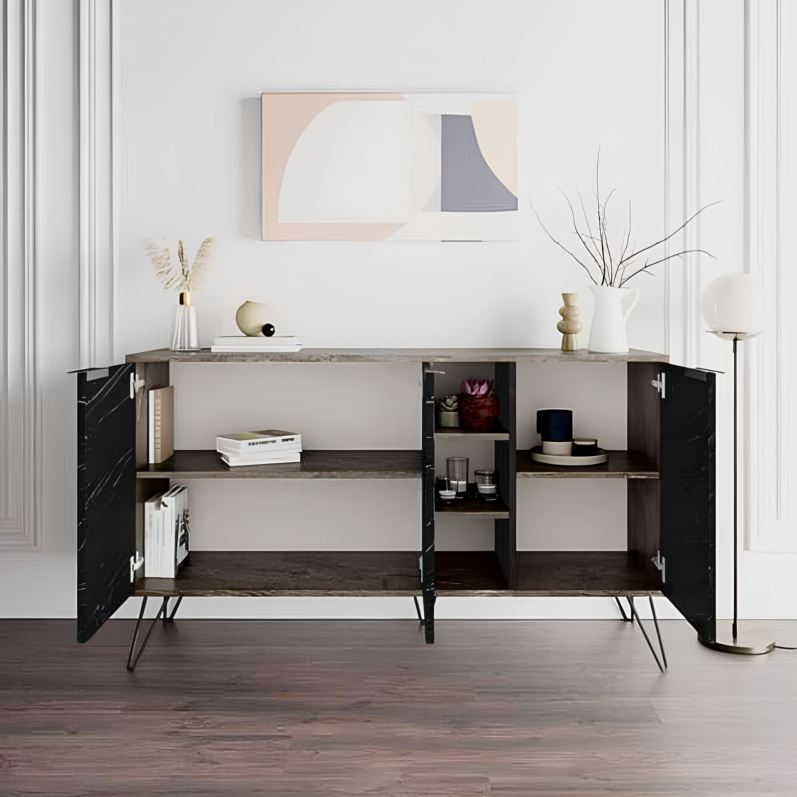 Madia design moderno "Clara" color dark cofee effetto marmo con 3 ante ripiani interni e vano a giorno con piedi in metallo