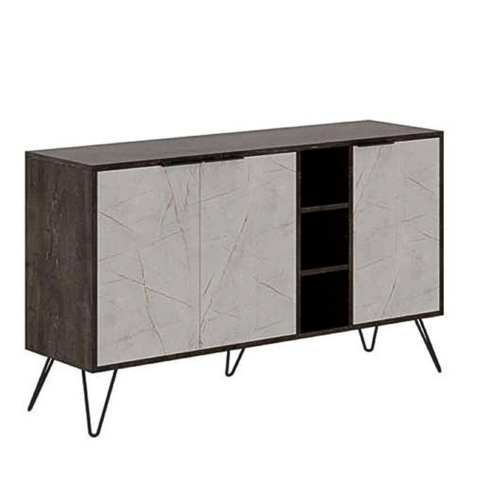 Madia design moderno "Clara" color dark cofee e bianco effetto marmo con 3 ante ripiani interni e vano a giorno con piedi in metalloù