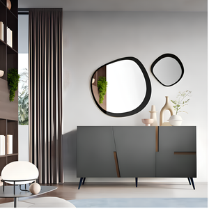 Madia moderna 160x89h in legno 3 ante top e inserti in laminato effetto tek americano con 5 gambe in metallo nero - Girona