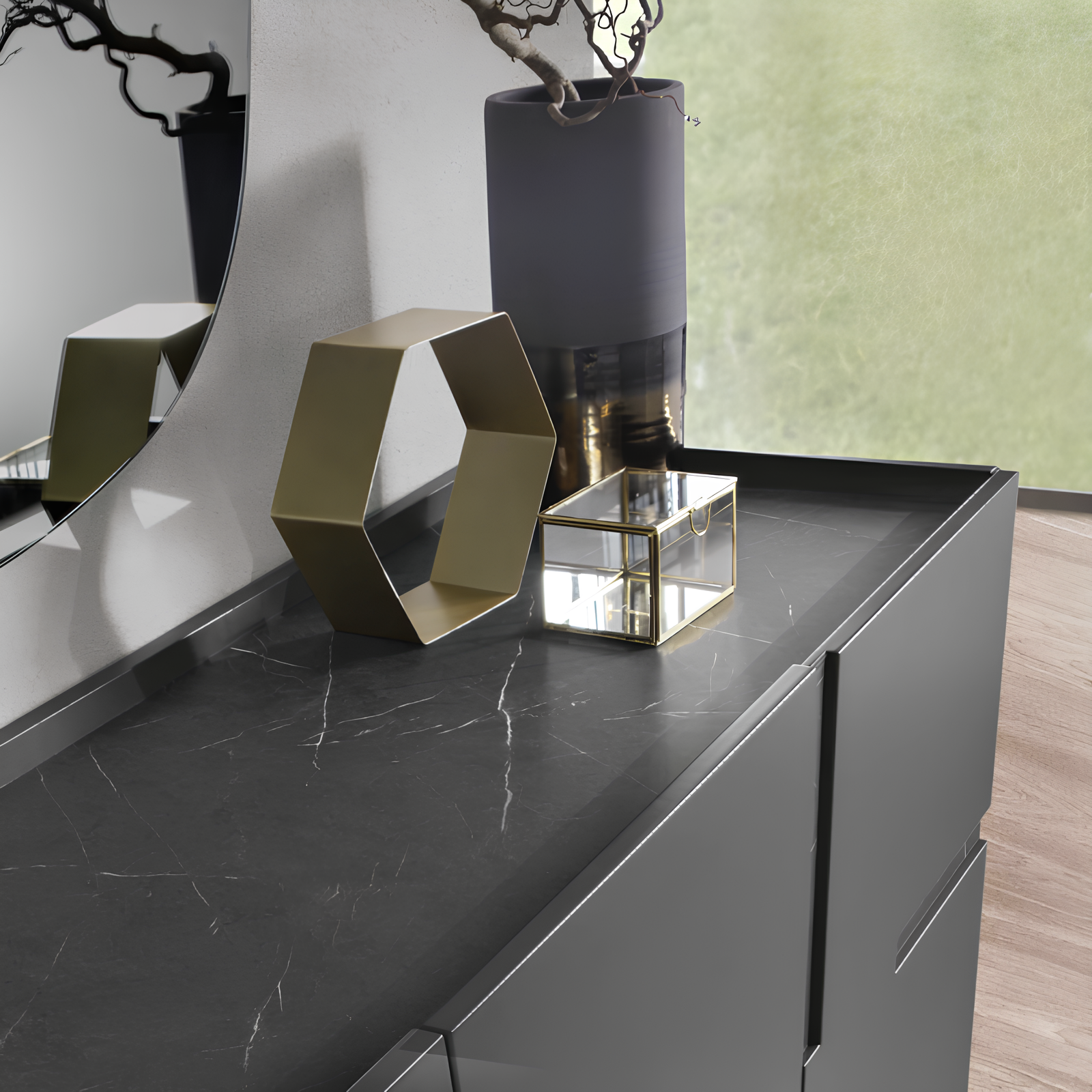 Madia moderna 160x89h in legno antracite 3 ante top e inserti in laminato effetto marmo con base slitta in metallo nero - Girona