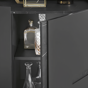 Madia moderna 160x89h in legno antracite 3 ante top e inserti in laminato effetto marmo con base slitta in metallo nero - Girona