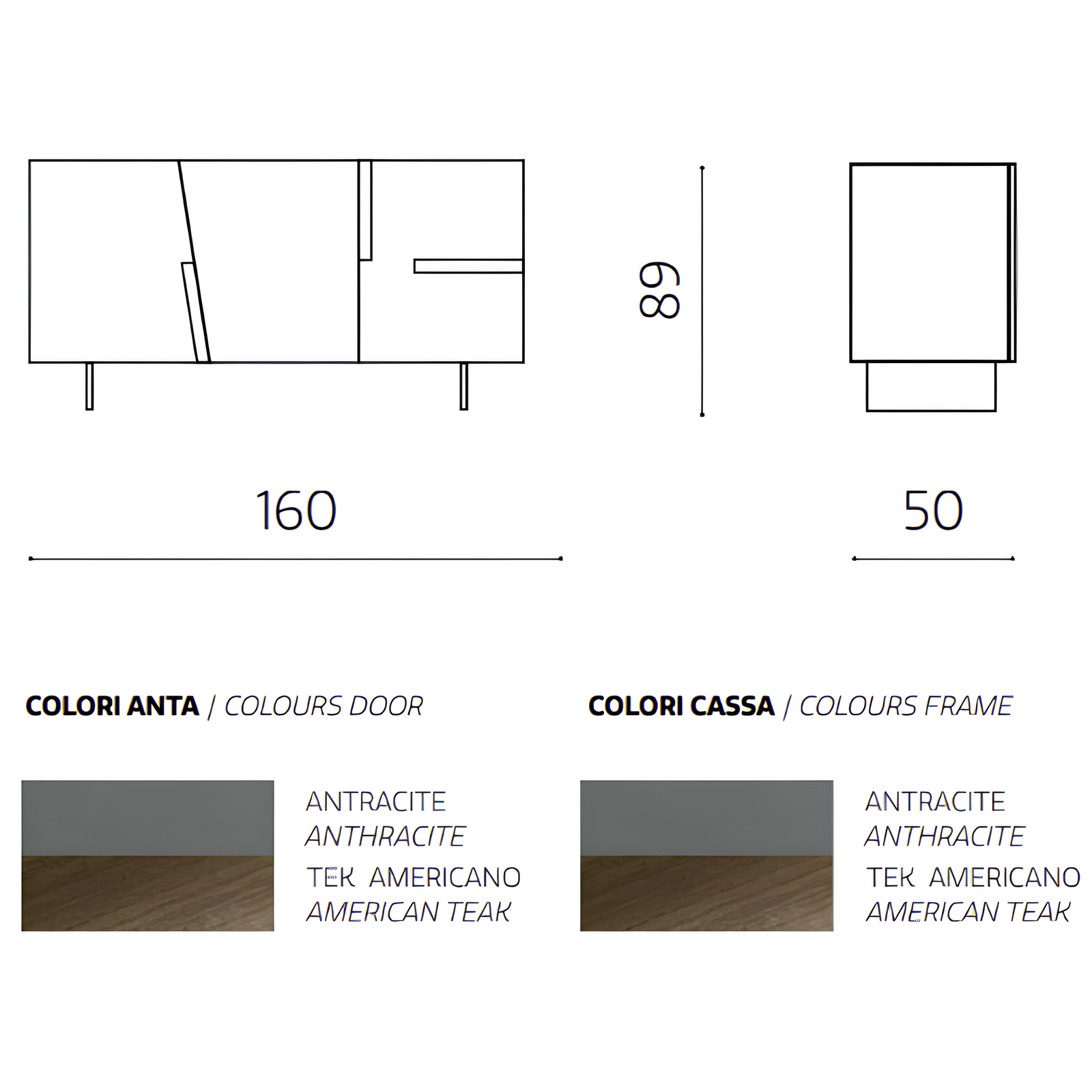 Madia moderna 160x89h in legno antracite 3 ante top e inserti in laminato effetto tek americano con base traverso in metallo nero - Girona
