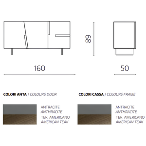 Madia moderna 160x89h in legno antracite 3 ante top e inserti in laminato effetto tek americano con base traverso in metallo nero - Girona