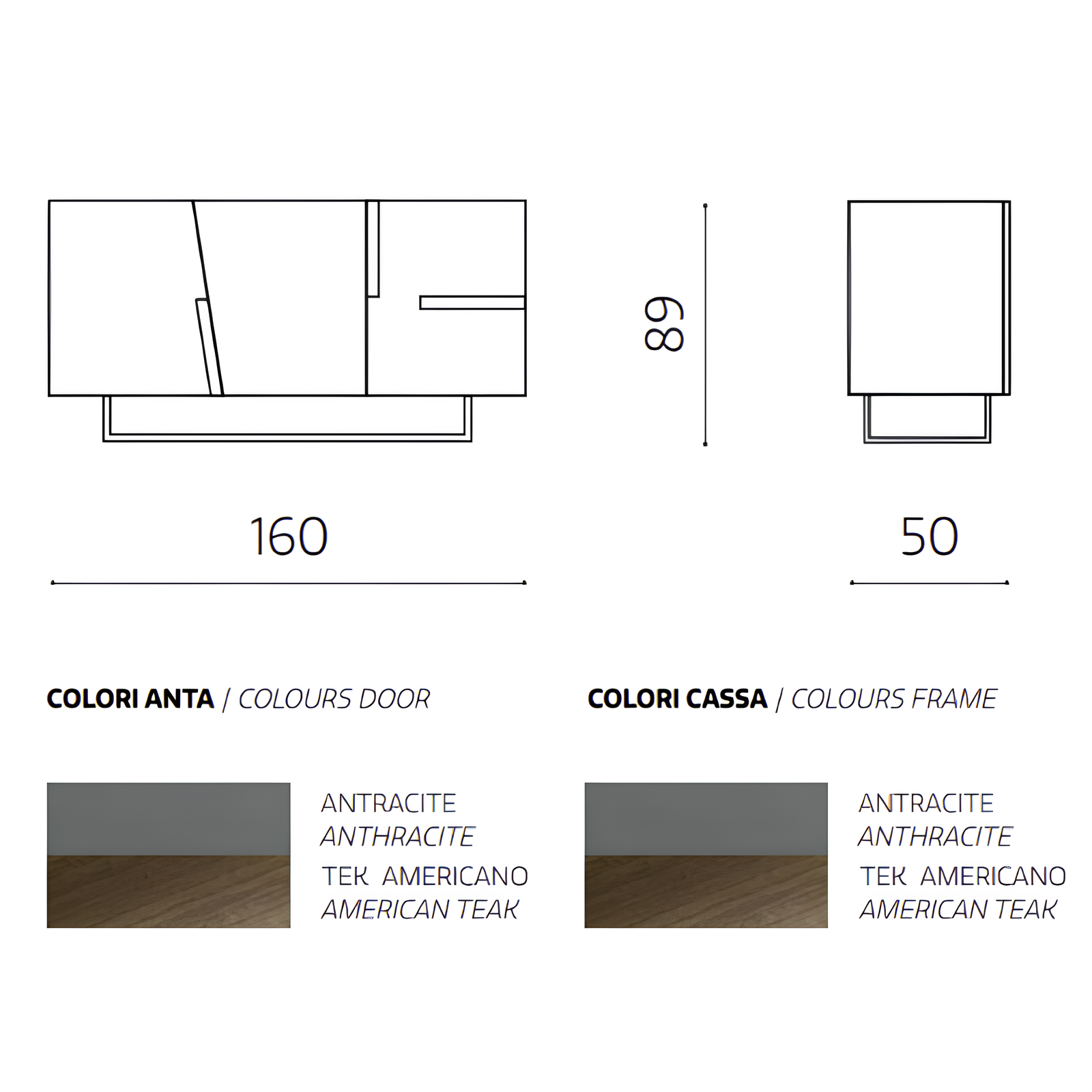 Madia moderna 160x89h in legno antracite 3 ante top e inserti in laminato effetto tek americano con base slitta in metallo nero - Girona