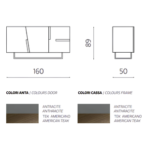 Madia moderna 160x89h in legno antracite 3 ante top e inserti in laminato effetto tek americano con base slitta in metallo nero - Girona