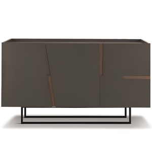 Madia moderna 160x89h in legno antracite 3 ante top e inserti in laminato effetto tek americano con base slitta in metallo nero - Girona