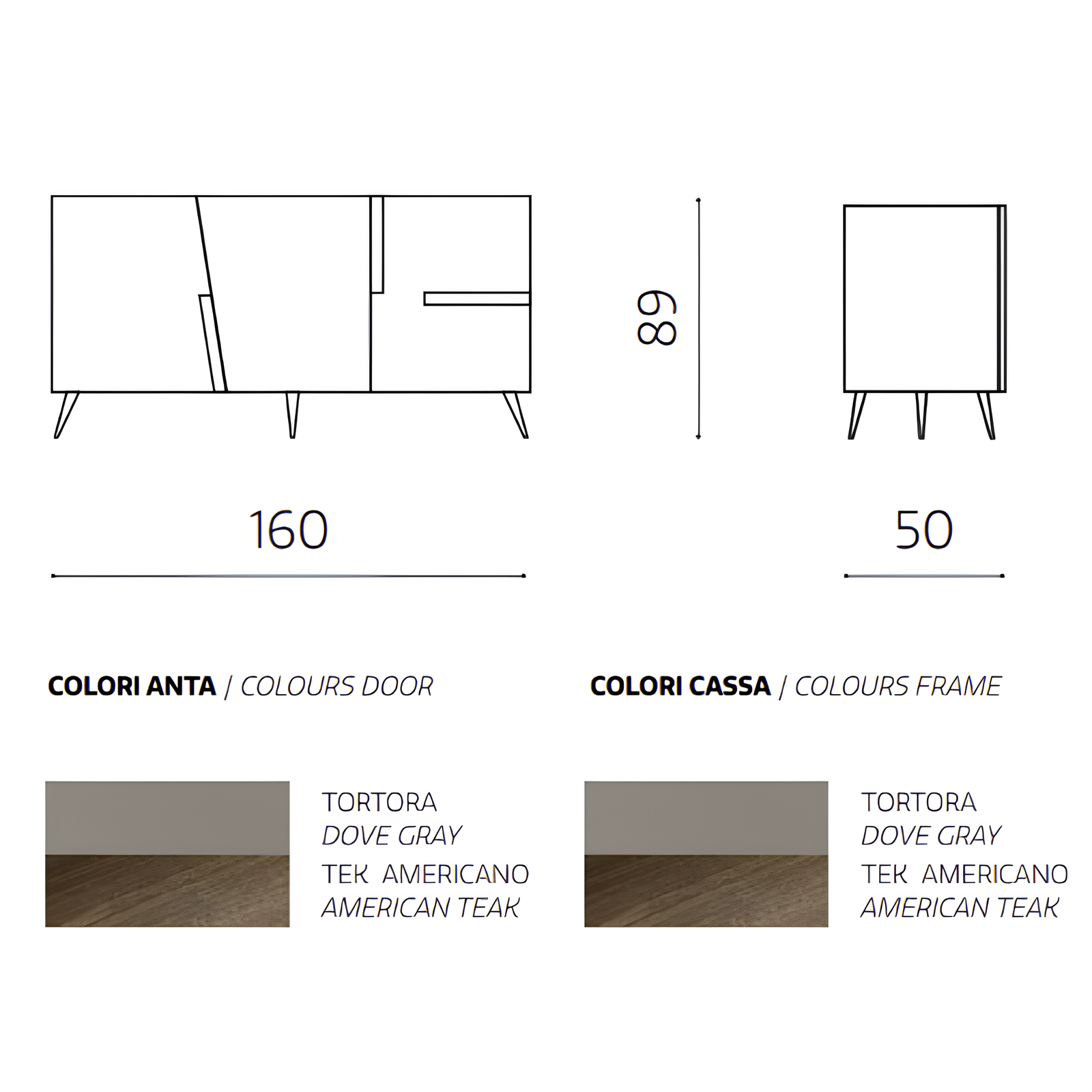 Madia moderna 160x89h in legno tortora 3 ante top e inserti effetto tek americano con 5 gambe in metallo nero - Girona