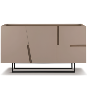 Madia moderna 160x89h in legno tortora 3 ante top e inserti effetto tek americano con base slitta in metallo nero - Girona
