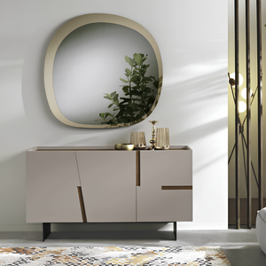 Madia moderna 160x89h in legno tortora 3 ante top e inserti effetto tek americano con base traverso in metallo nero - Girona