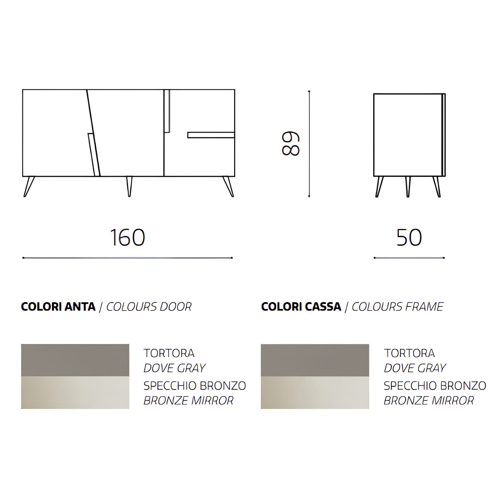 Madia moderna 160x89h in legno tortora 3 ante top e inserti in vetro bronzo con 5 gambe in metallo nero - Girona
